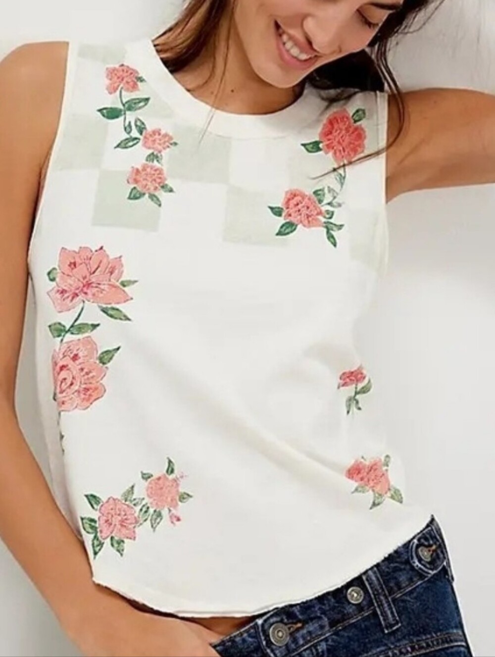 We The Free White Tank Top with Pink Floral Print *NWT *Medium